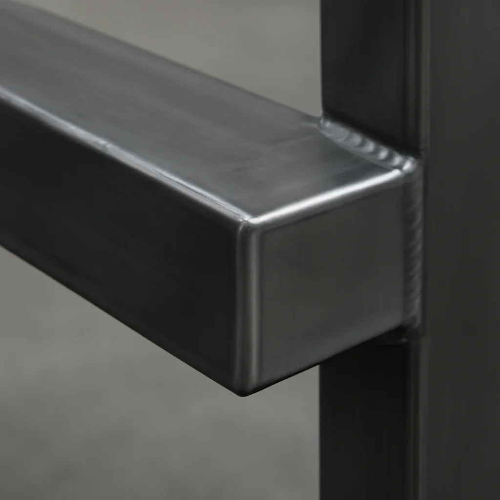 Close detail of custom steel fabrication showing clean alignment, weld finish and coating preparation