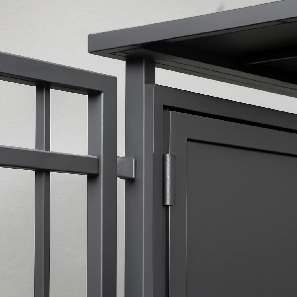 Close view of custom gate, door and canopy fabrication showing precise welds, hardware details and finish quality