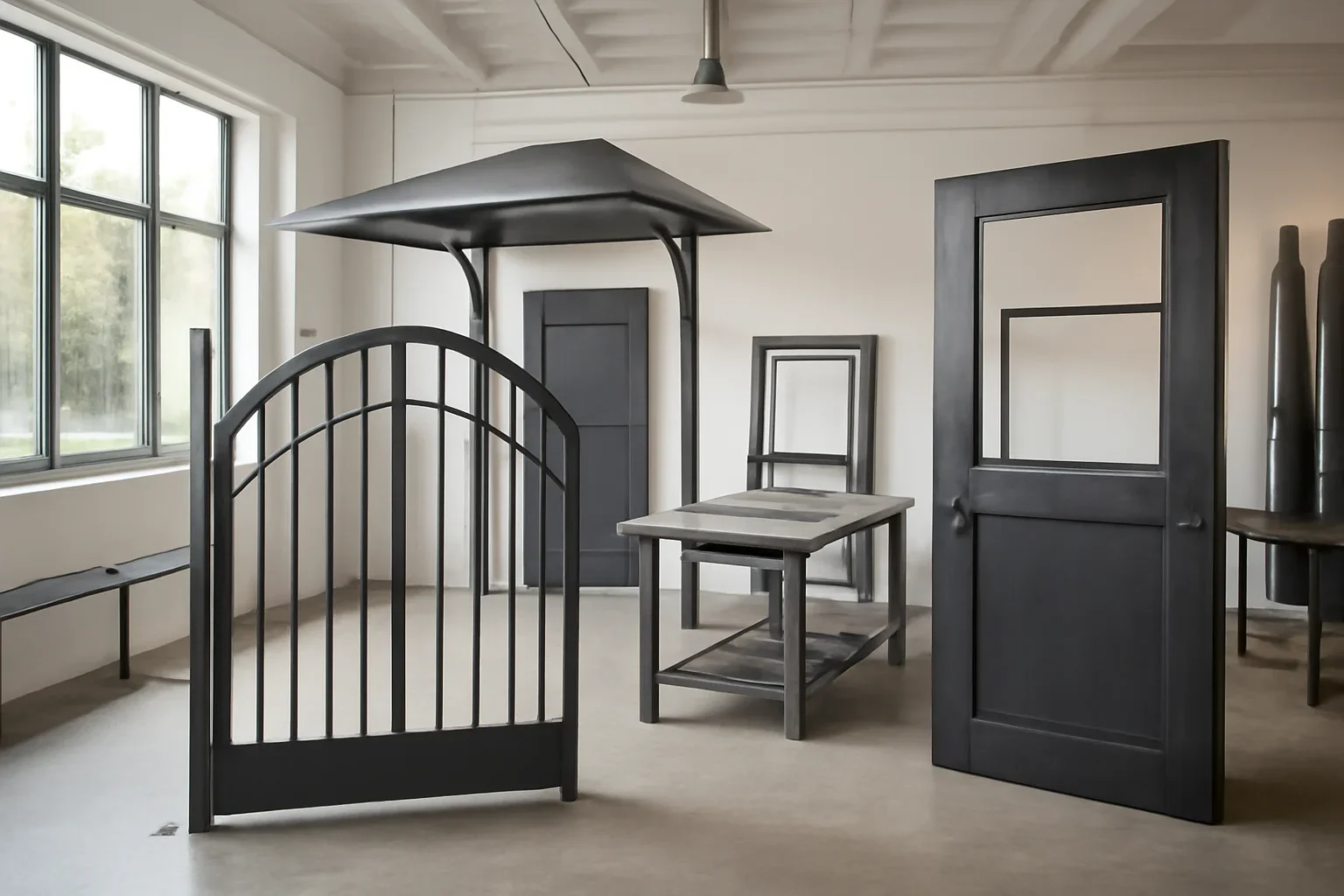 Custom entry gate, feature door and canopy planning discussion with drawings and finish samples