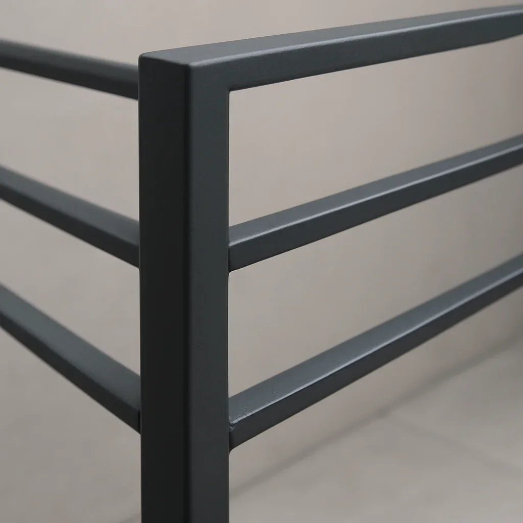 Close view of custom metal railing fabrication showing clean welds, precise spacing and finished details