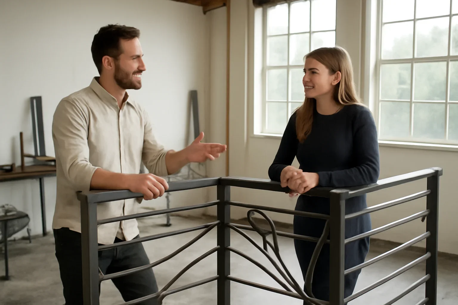 Custom metal railing planning discussion with architectural drawings and finish samples
