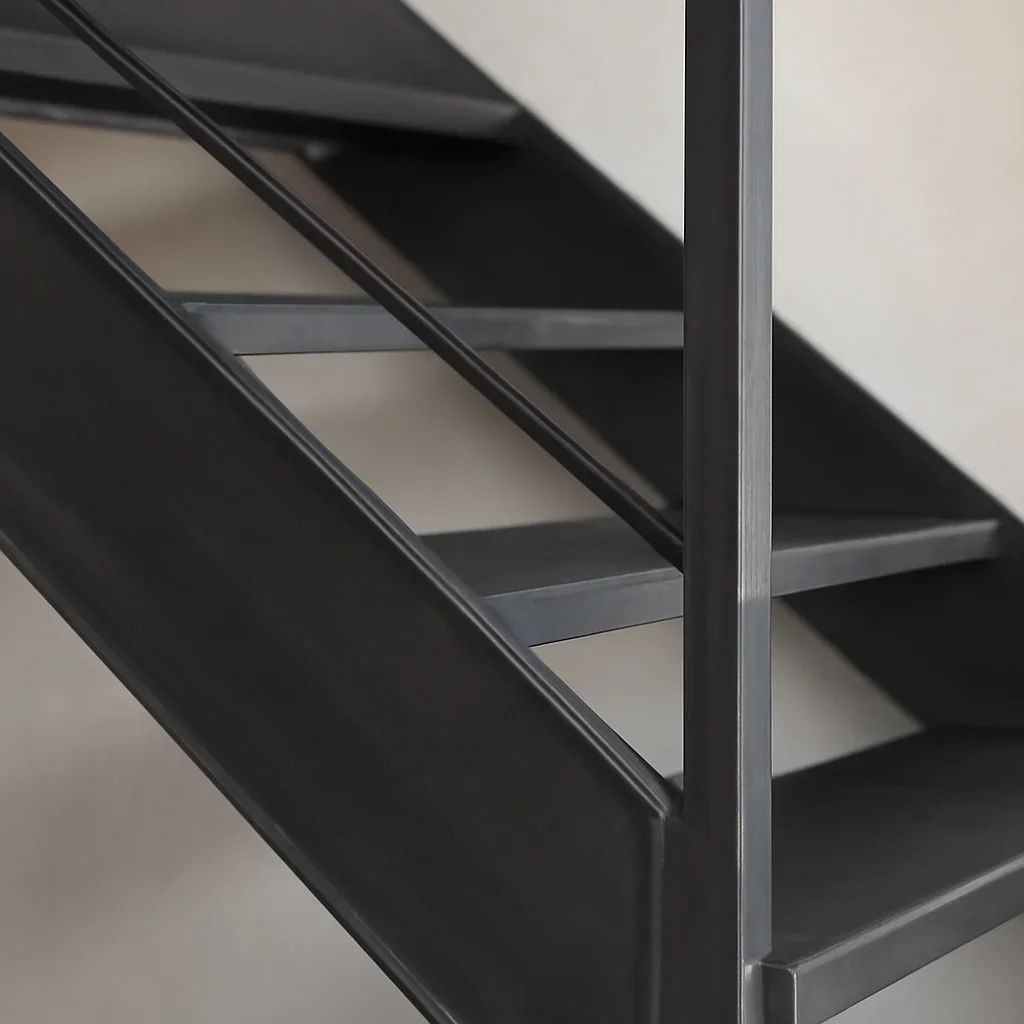 Close view of custom metal stair fabrication showing clean welds, precise alignment and finished details