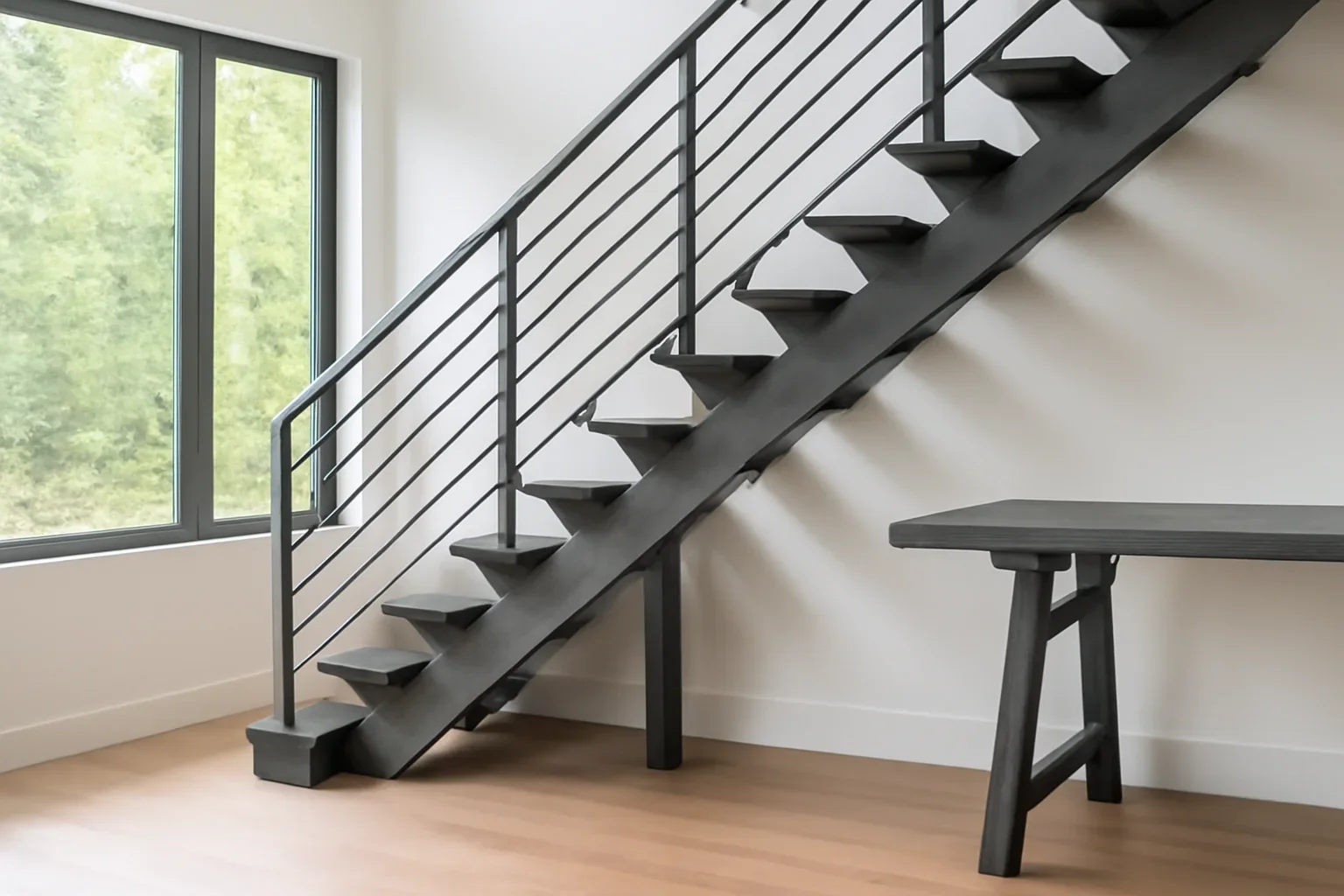 Custom metal stair planning discussion with architectural drawings and material samples