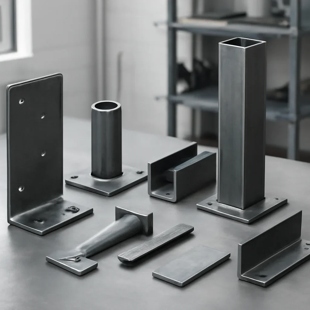Custom metal fabrication components, drawings and material samples arranged for project planning