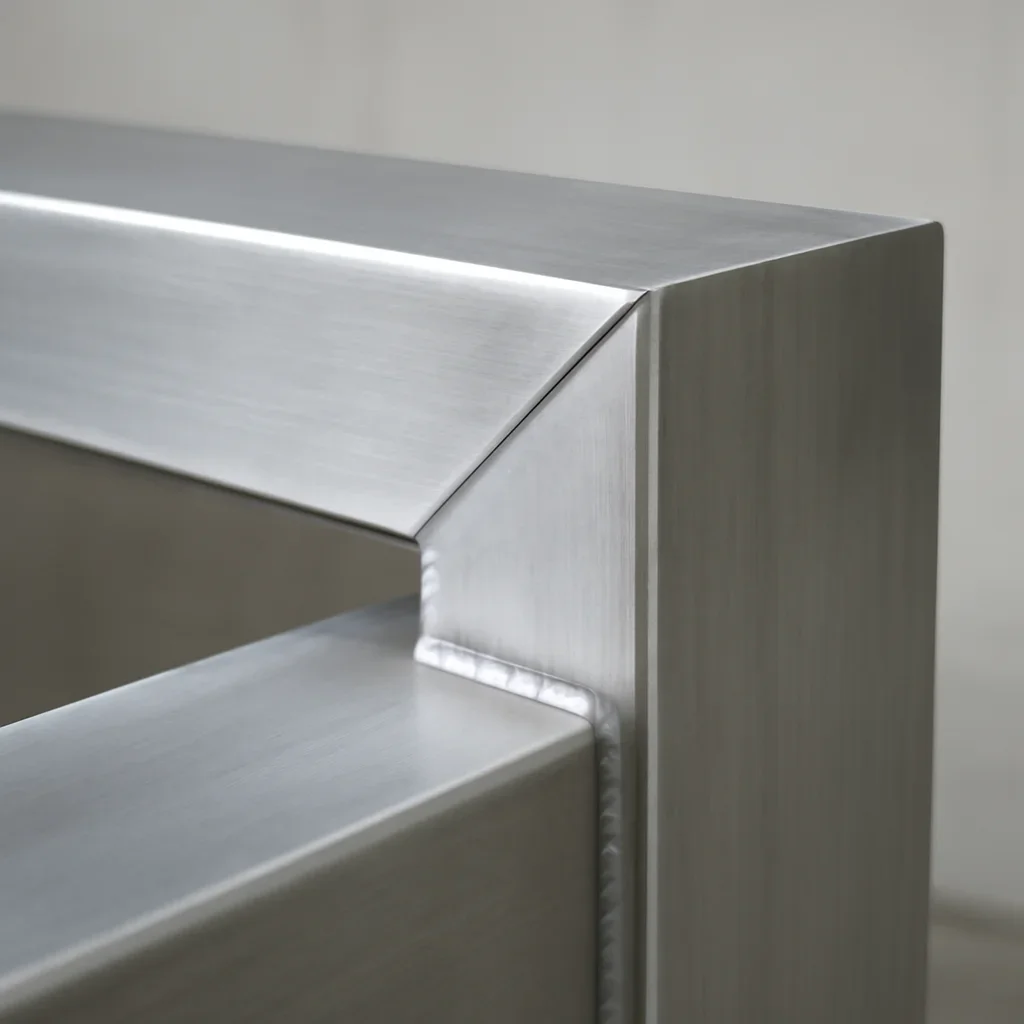 Close view of precision architectural metal fabrication with clean welds and coordinated finish details